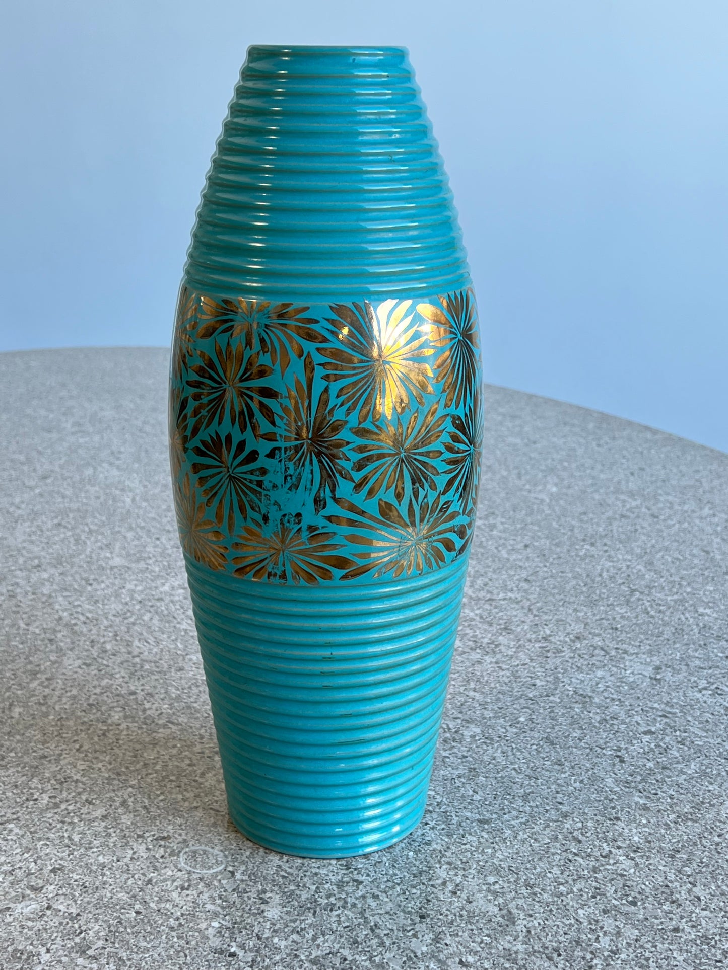 Italian Large Turquoise Hand painted Large flowers Vase, 1960s