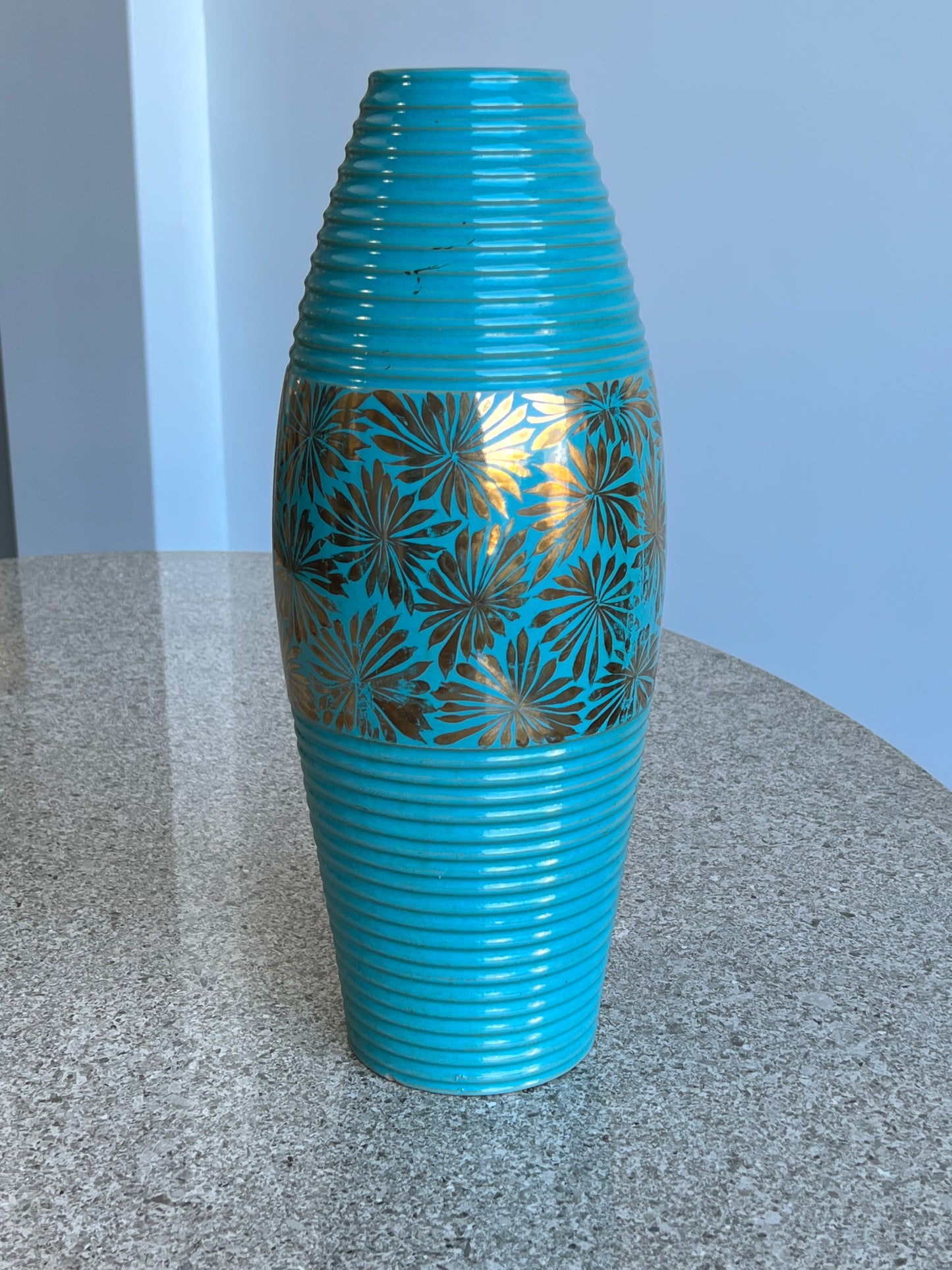 Italian Large Turquoise Hand painted Large flowers Vase, 1960s