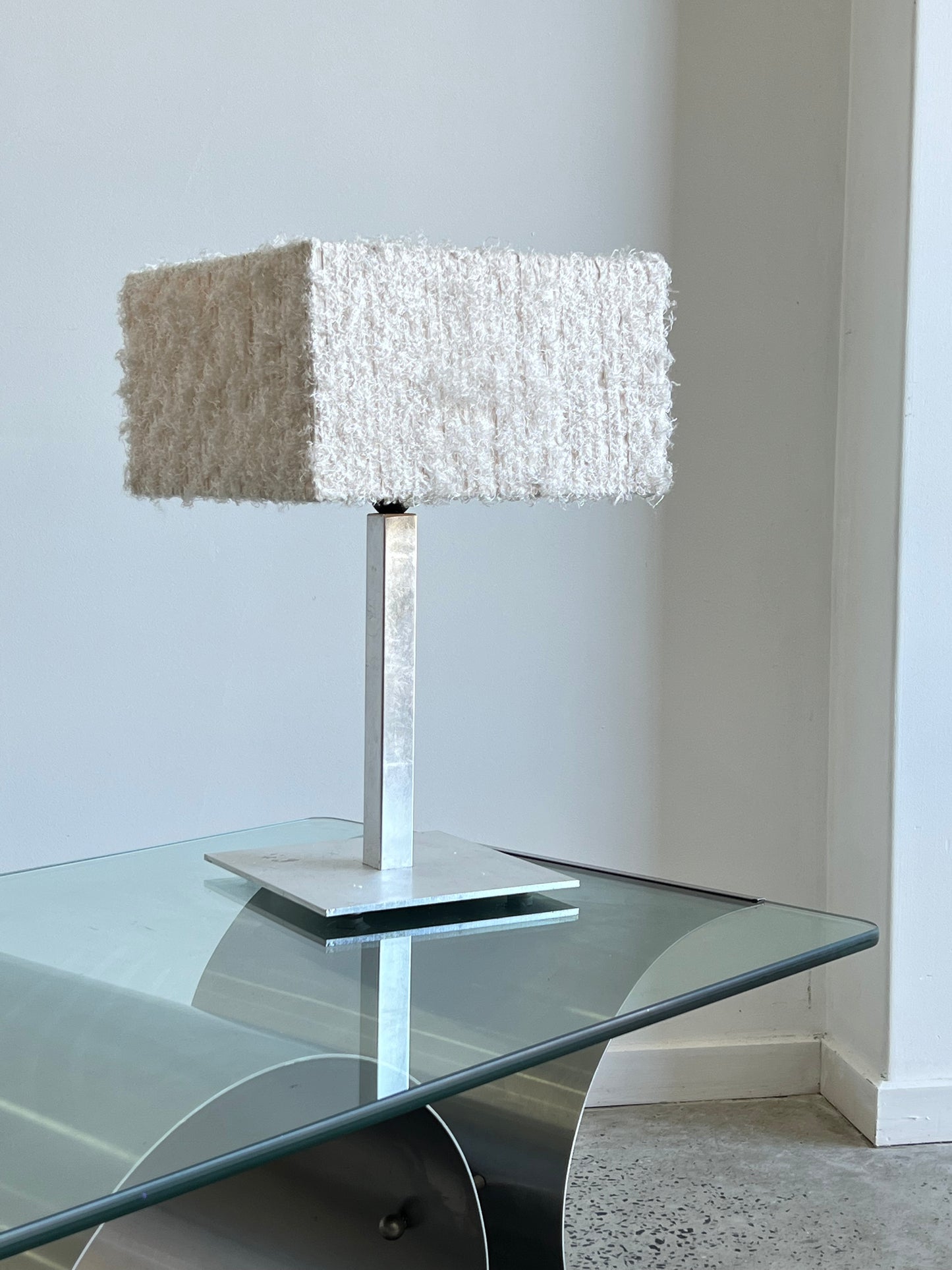 Italian Square Steel Base Table Lamp and Synthetic Shade, 1980s