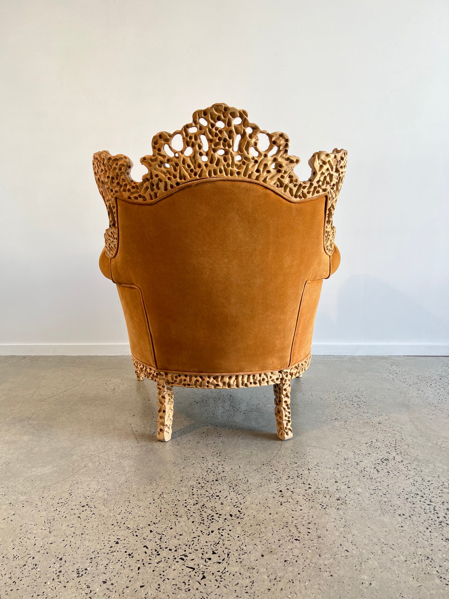 “Regina” by Urano Palma for Mirabili, Armchair in Orange Suede and Raw Wood, 1990s