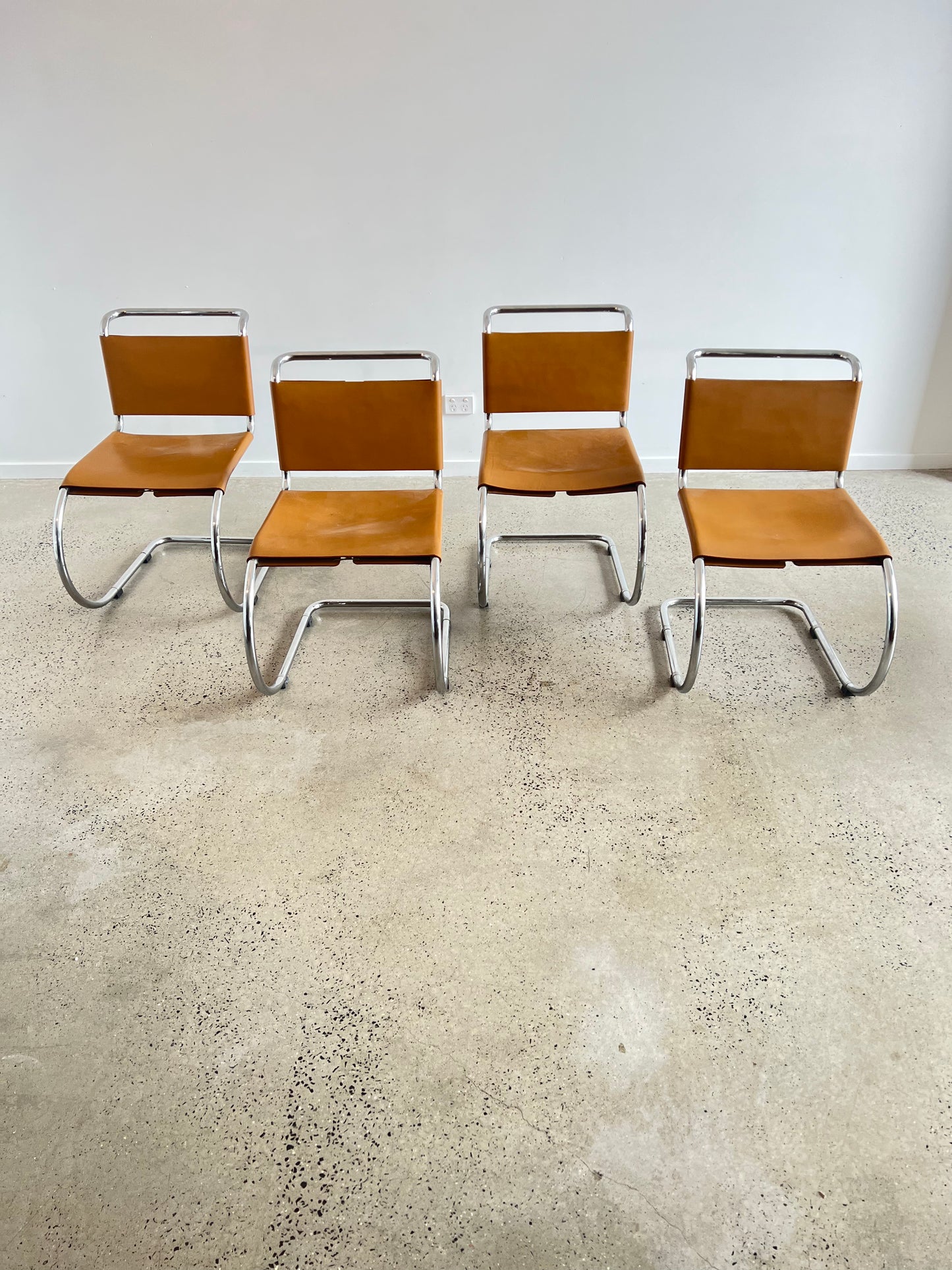 "MR10" by Ludwig Mies Van Der Rohe for Knoll International, Brown Leather and Chromed Dining Chairs, 1960