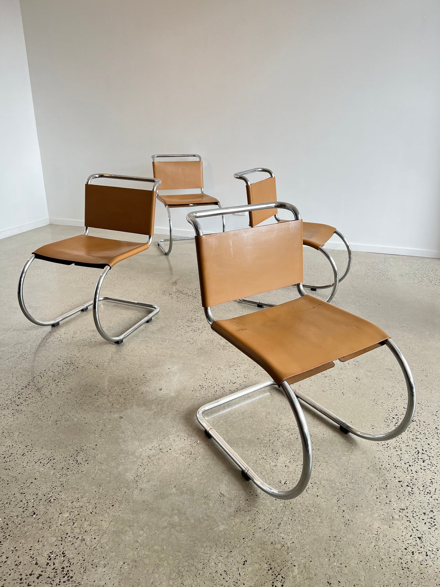 "MR10" by Ludwig Mies Van Der Rohe for Knoll International, Brown Leather and Chromed Dining Chairs, 1960