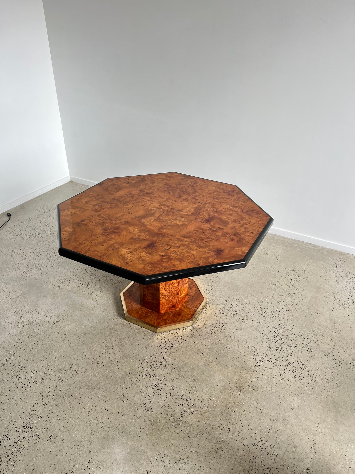 Willy Rizzo for Mario Sabon Pedestal Octagonal Dining Table in Brass and Burlwood, 1970s
