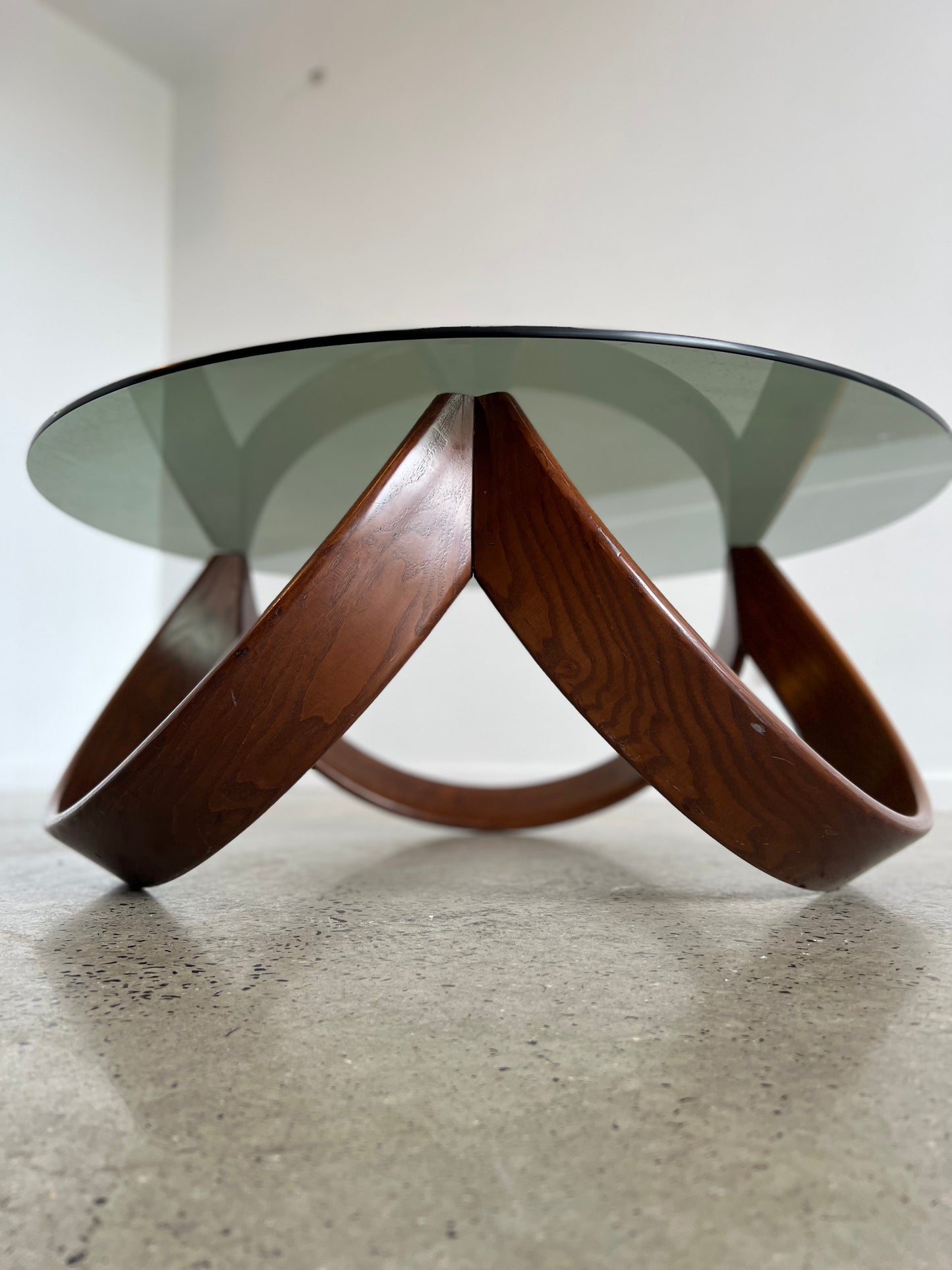 Italian Mid Century Modern Beechwood Curved Base with Smoked Glass Coffee Table, 1970