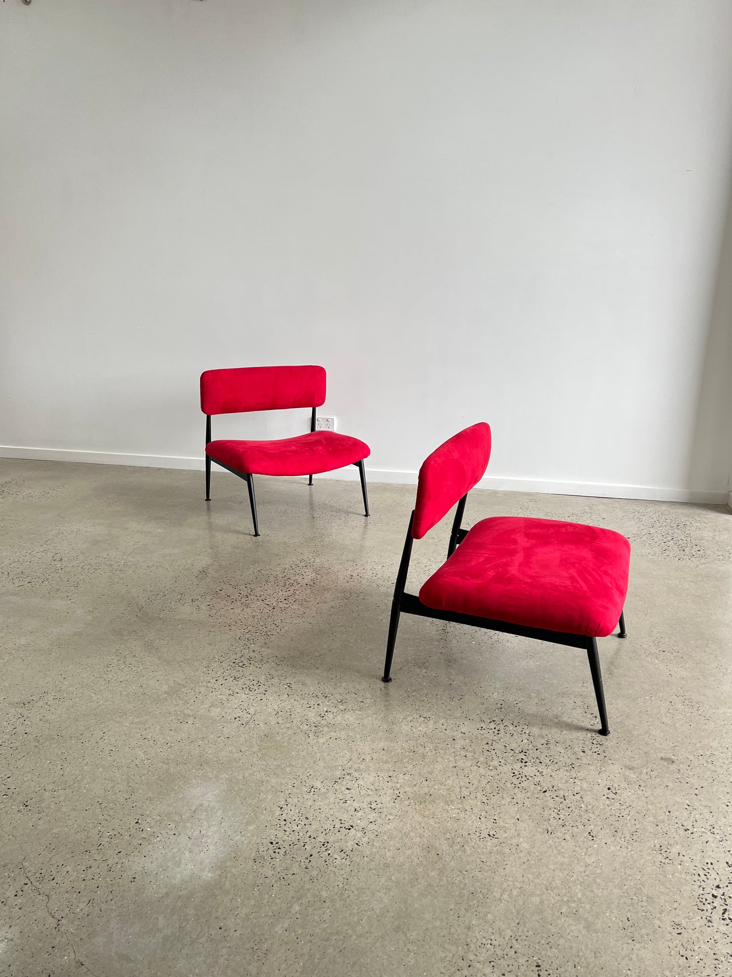 Italian Low Chairs in Red Suede and Black Metal Frame, 1970s