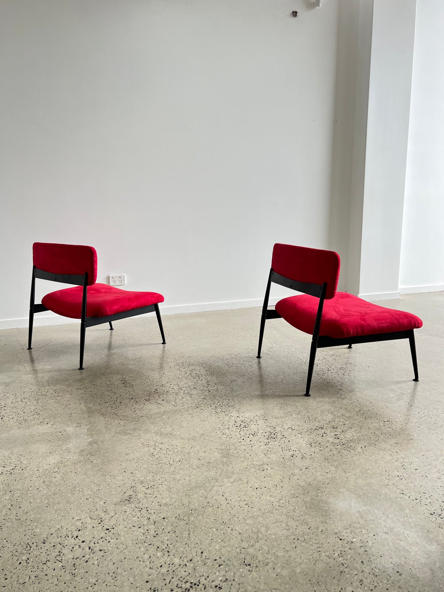 Italian Low Chairs in Red Suede and Black Metal Frame, 1970s