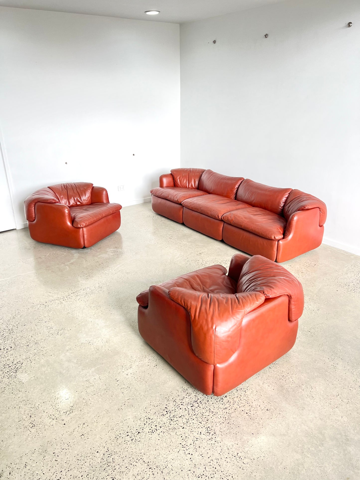 "Confidential" by Alberto Rosselli for Saporiti, Red/Cordovan Leather Sofa Set, 1970s