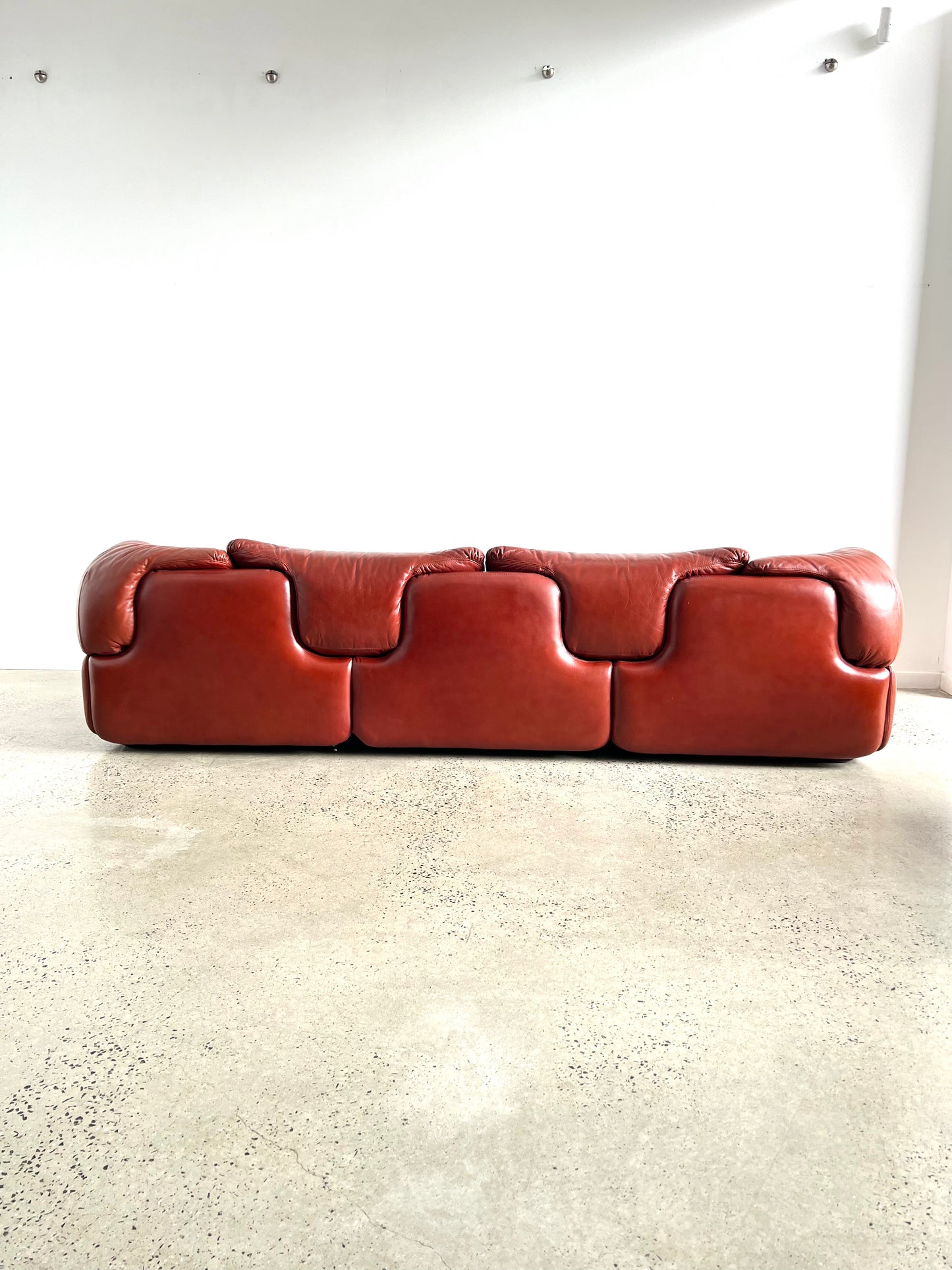 "Confidential" by Alberto Rosselli for Saporiti, Red/Cordovan Leather Sofa Set, 1970s