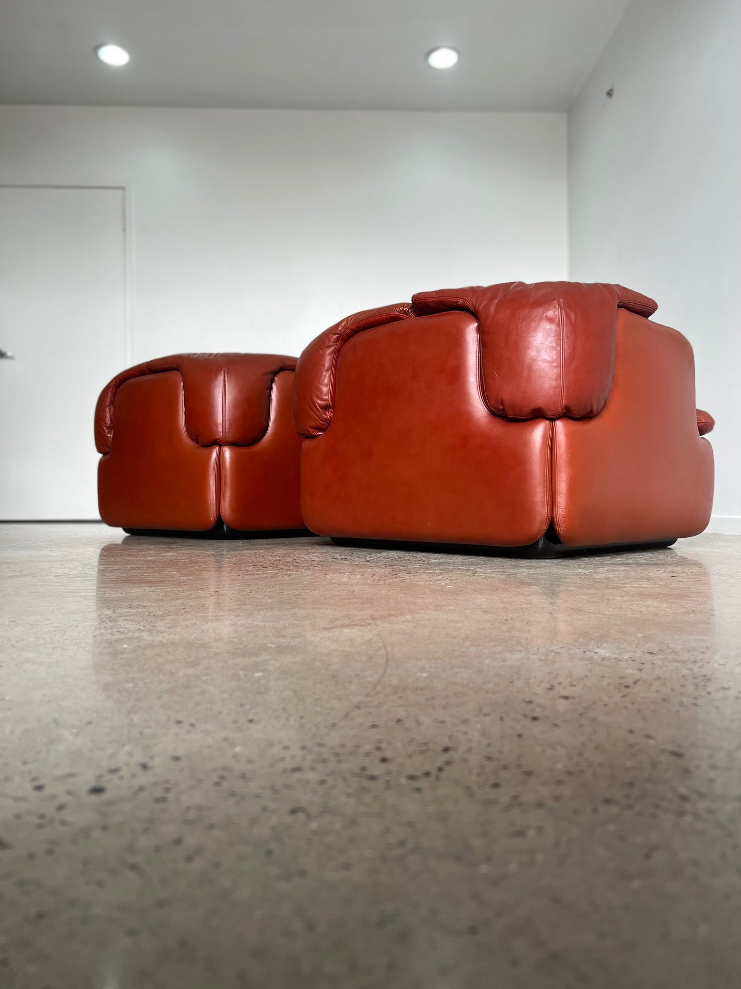 "Confidential" by Alberto Rosselli for Saporiti, Red/Cordovan Leather Sofa Set, 1970s