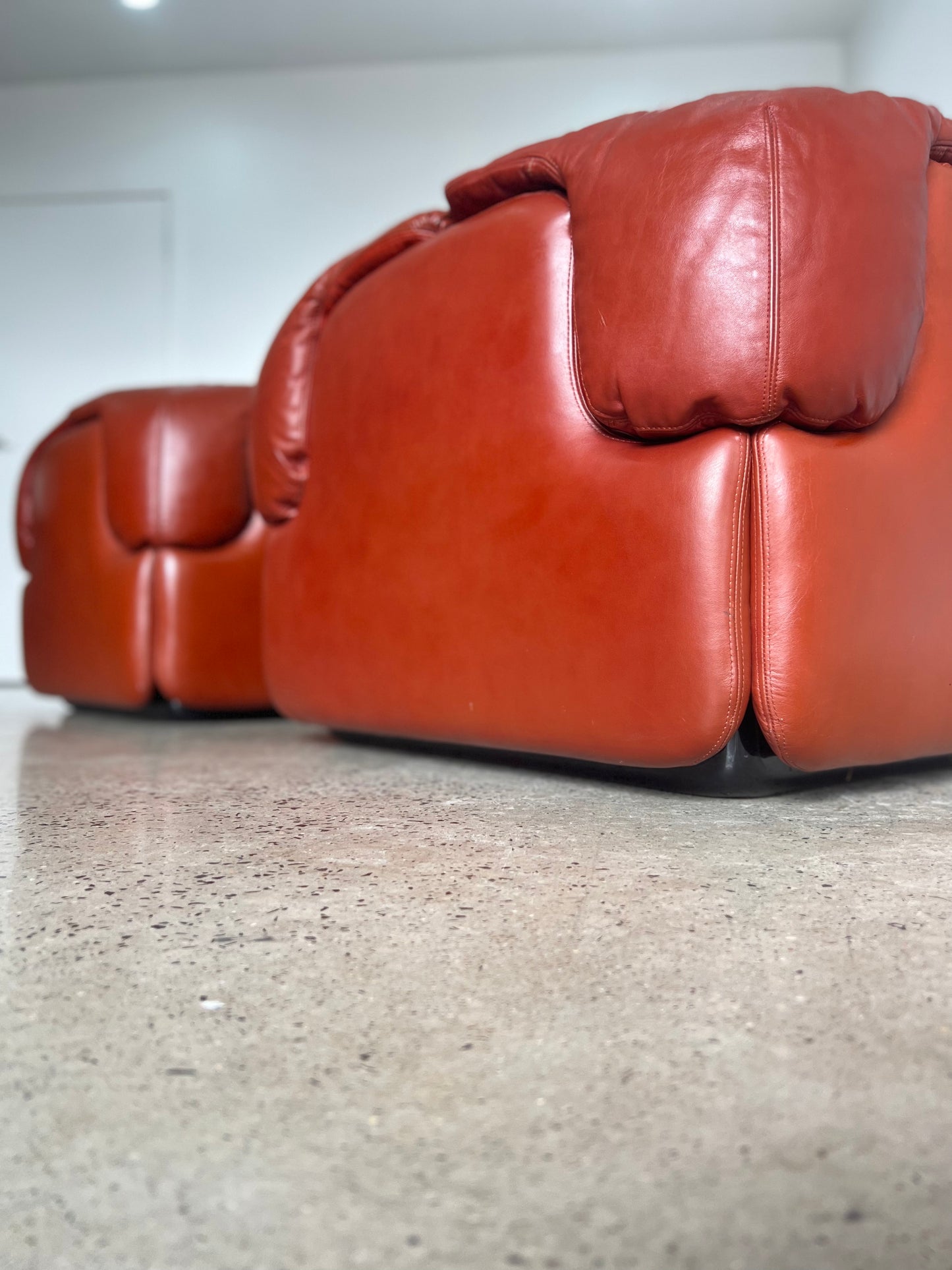 "Confidential" by Alberto Rosselli for Saporiti, Red/Cordovan Leather Sofa Set, 1970s