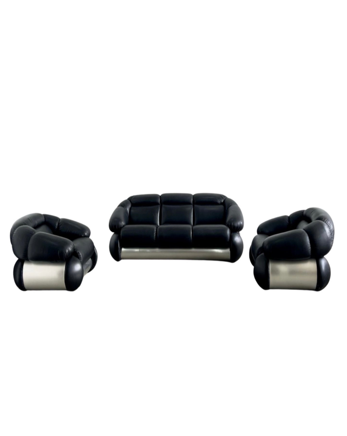 Adriano Piazzesi Black Leather Sofa Set and Armchairs, 1970s