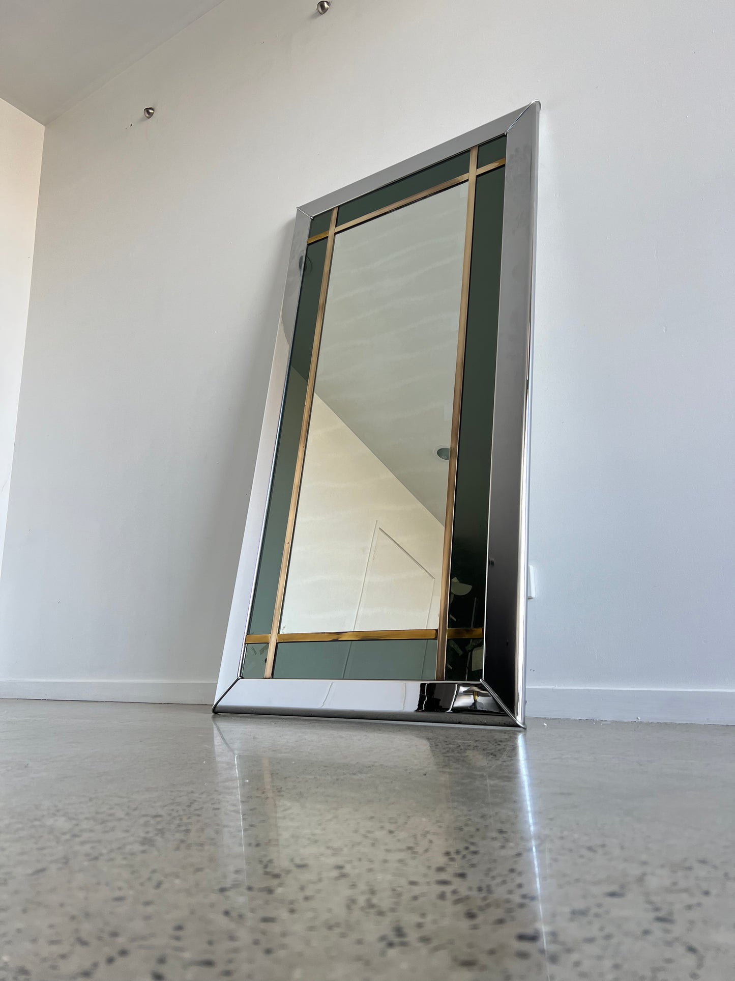 Romeo Rega for Fontana Arte Rectangular Chromed and Brass Floor or Wall Mirror, 1960s