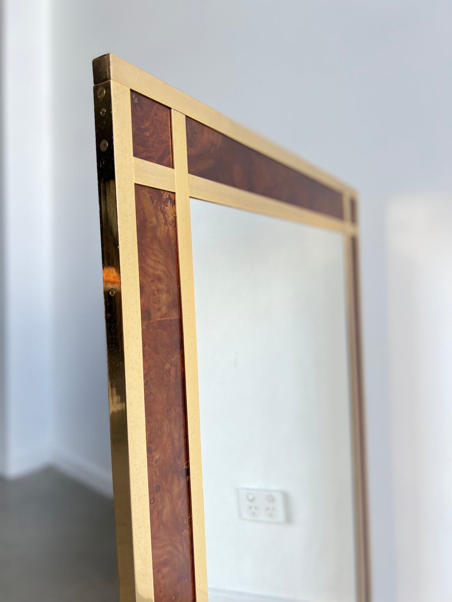 Willy Rizzo Rectangular Burlwood and Brass Wall Mirror, 1970