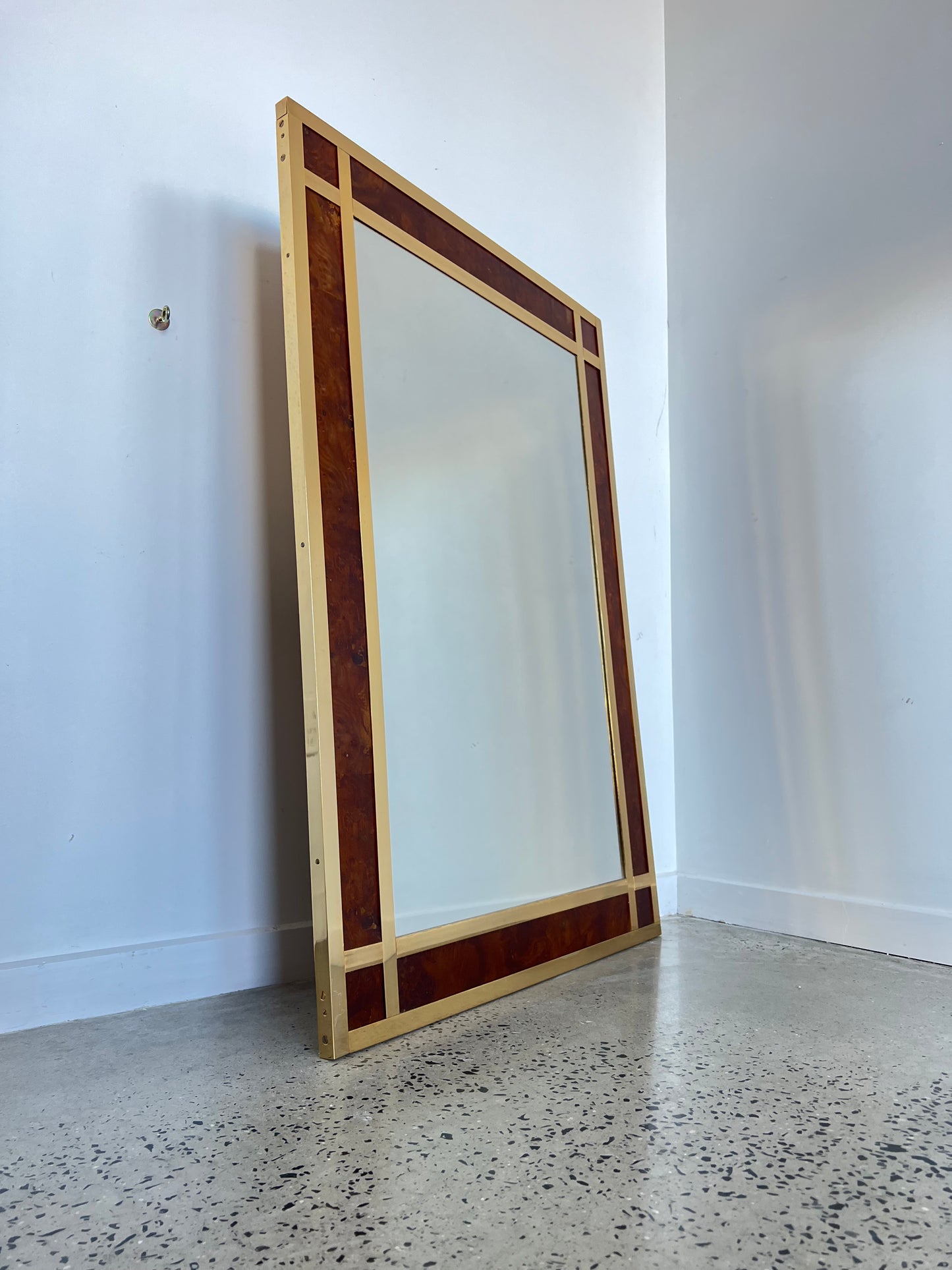 Willy Rizzo Rectangular Burlwood and Brass Wall Mirror, 1970