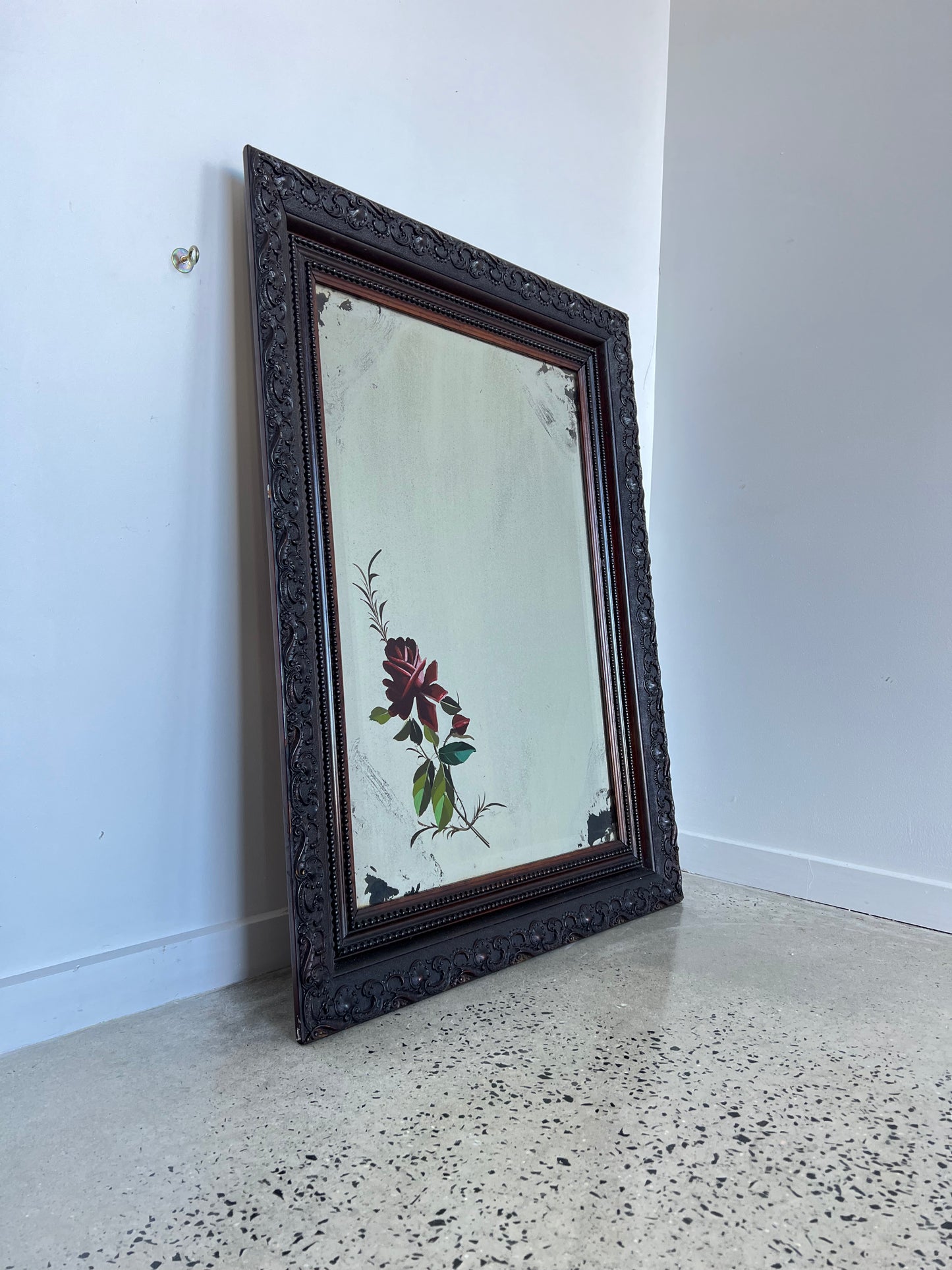 Italian Rectangular Walnut Wall Mirror with Curved Frame and Flowers art work, 1950s