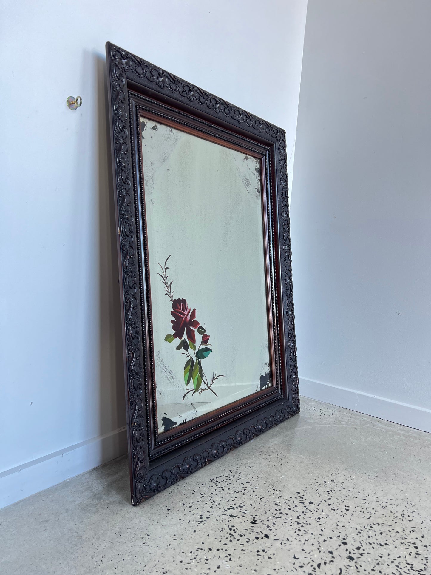Italian Rectangular Walnut Wall Mirror with Curved Frame and Flowers art work, 1950s