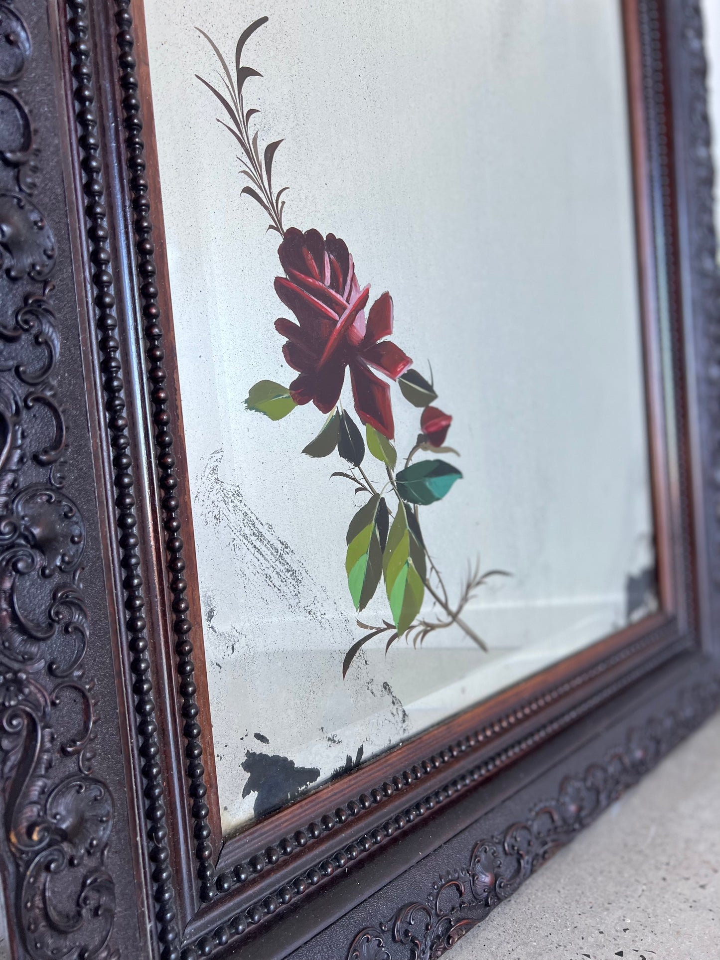 Italian Rectangular Walnut Wall Mirror with Curved Frame and Flowers art work, 1950s