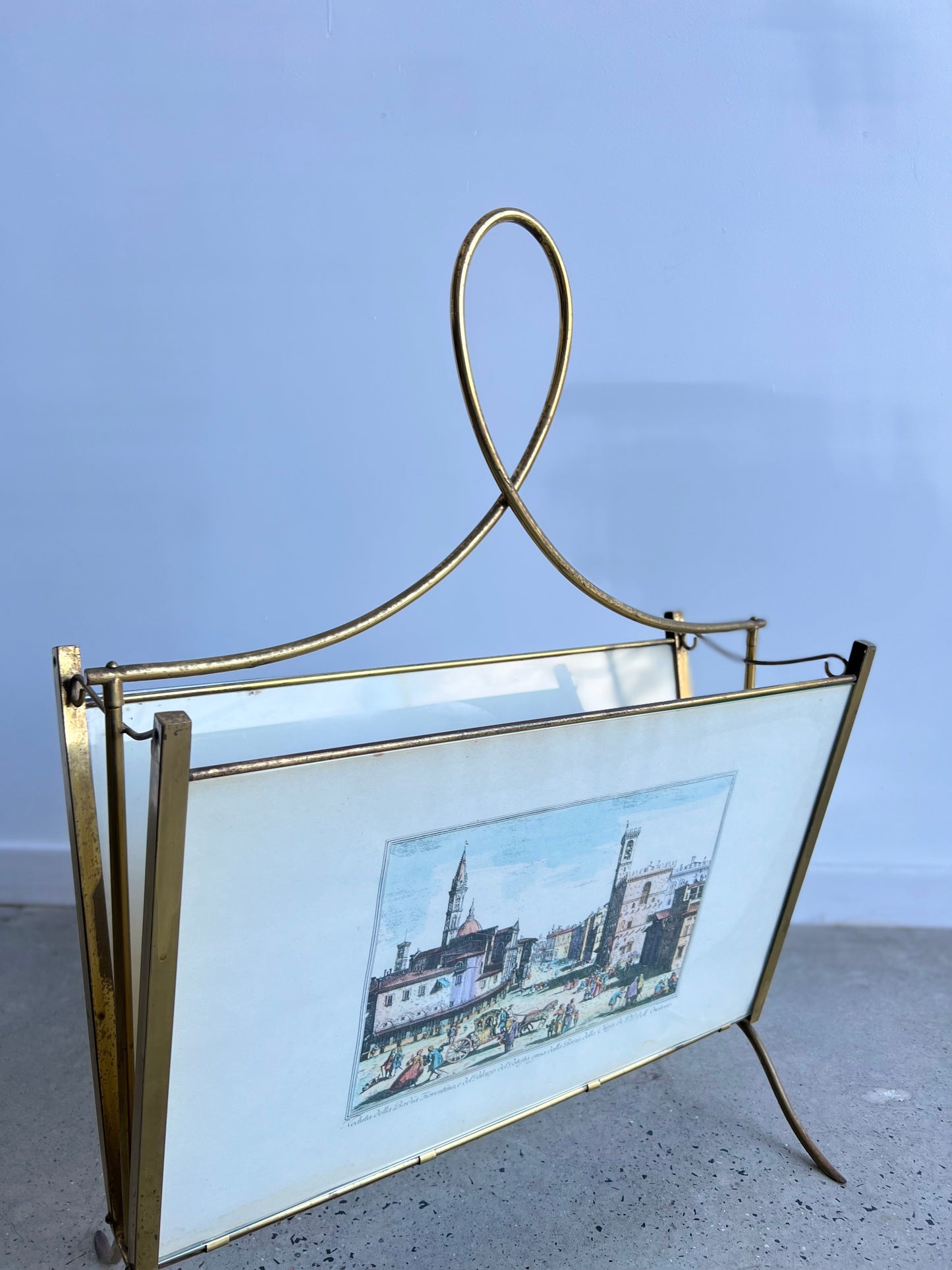 Italian Magazine Holder in Brass and Glass with Florence imagines on Both Sides , 1950s