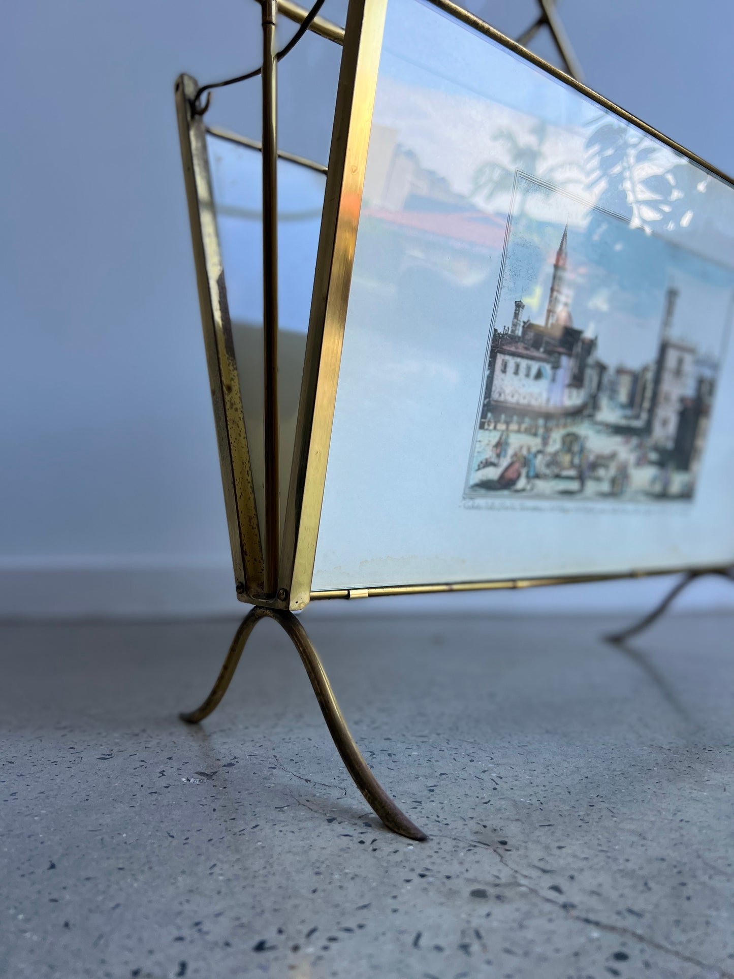 Italian Magazine Holder in Brass and Glass with Florence imagines on Both Sides , 1950s