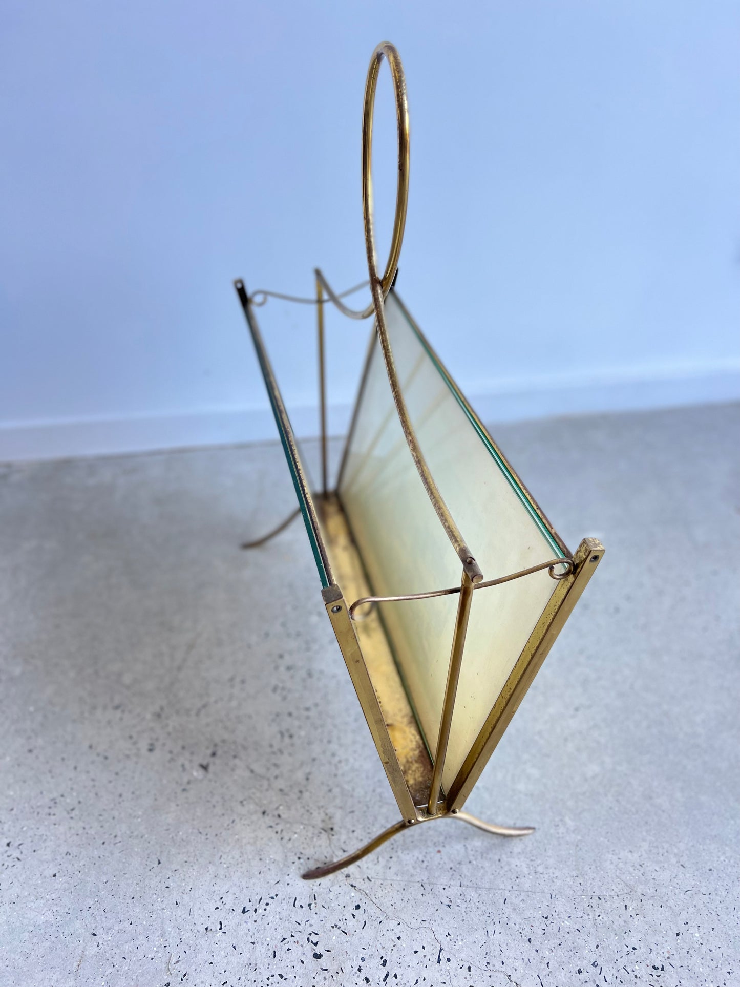 Italian Magazine Holder in Brass and Glass with Florence imagines on Both Sides , 1950s