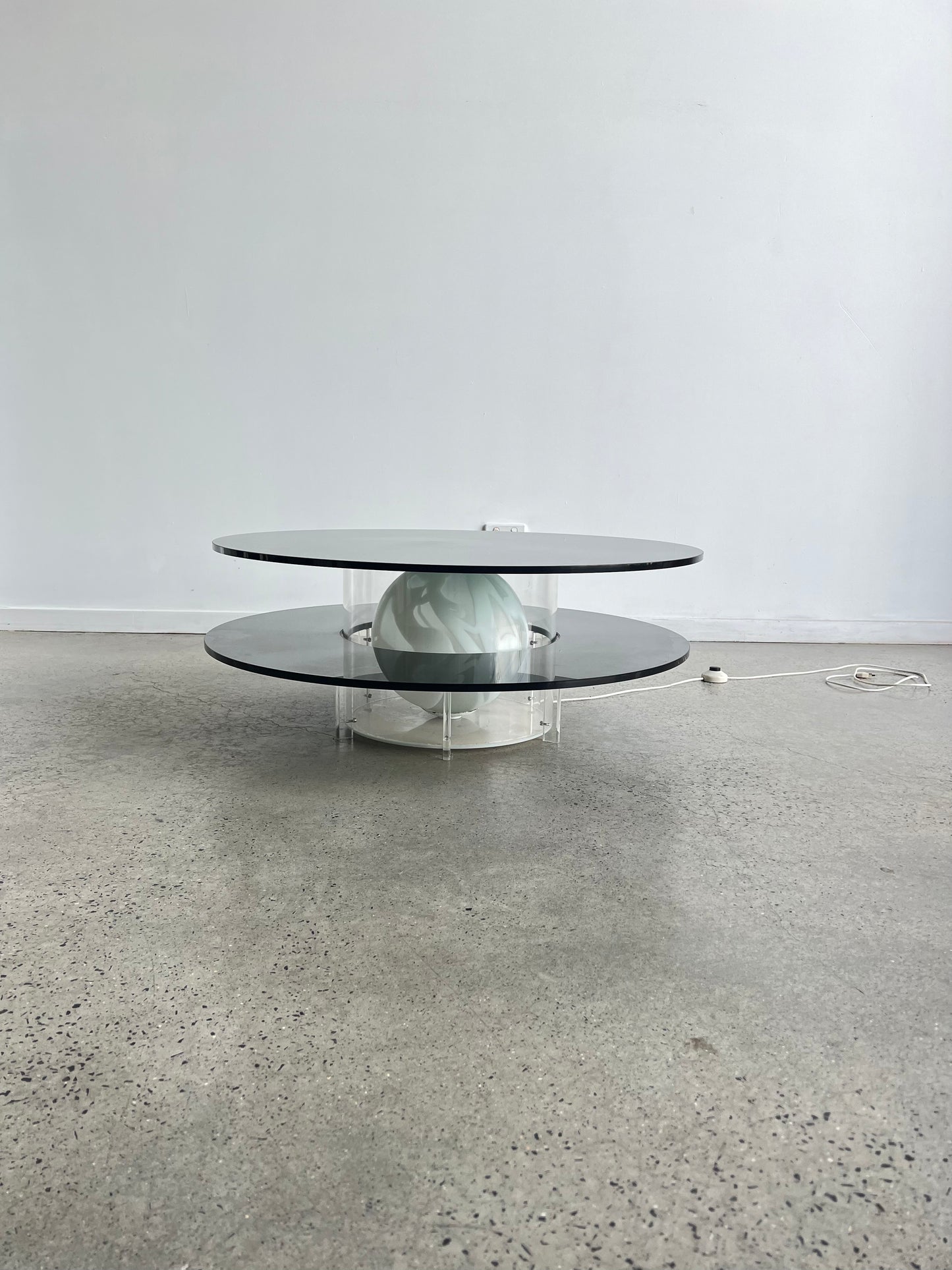 Space Age Round Coffee Table with Smoked Glass, Plexiglass base & inside Murano Glass Ball, 1970s