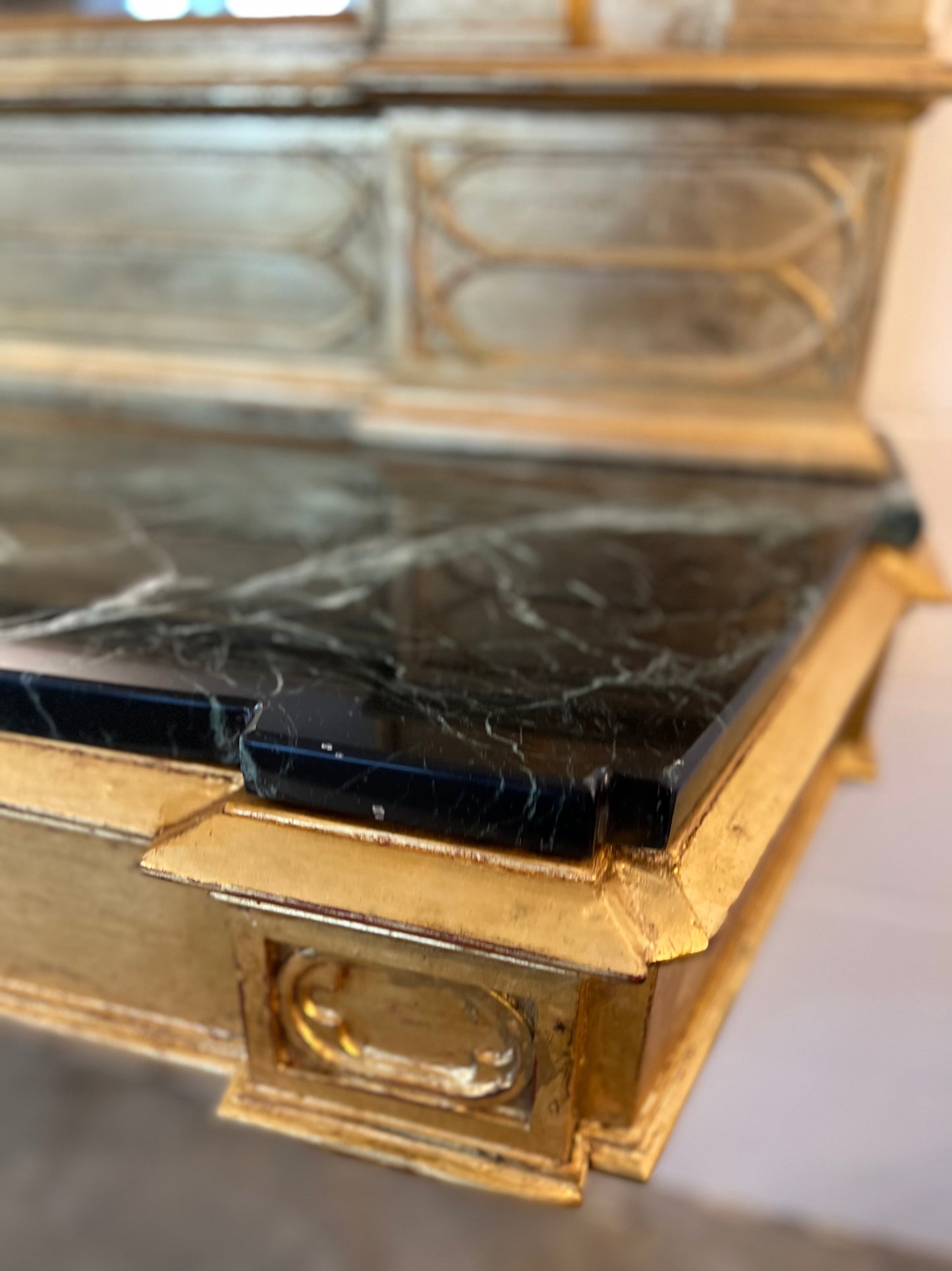 Italian Gothic Style Console with Black Marble and Gold Leaf Work, 1920s