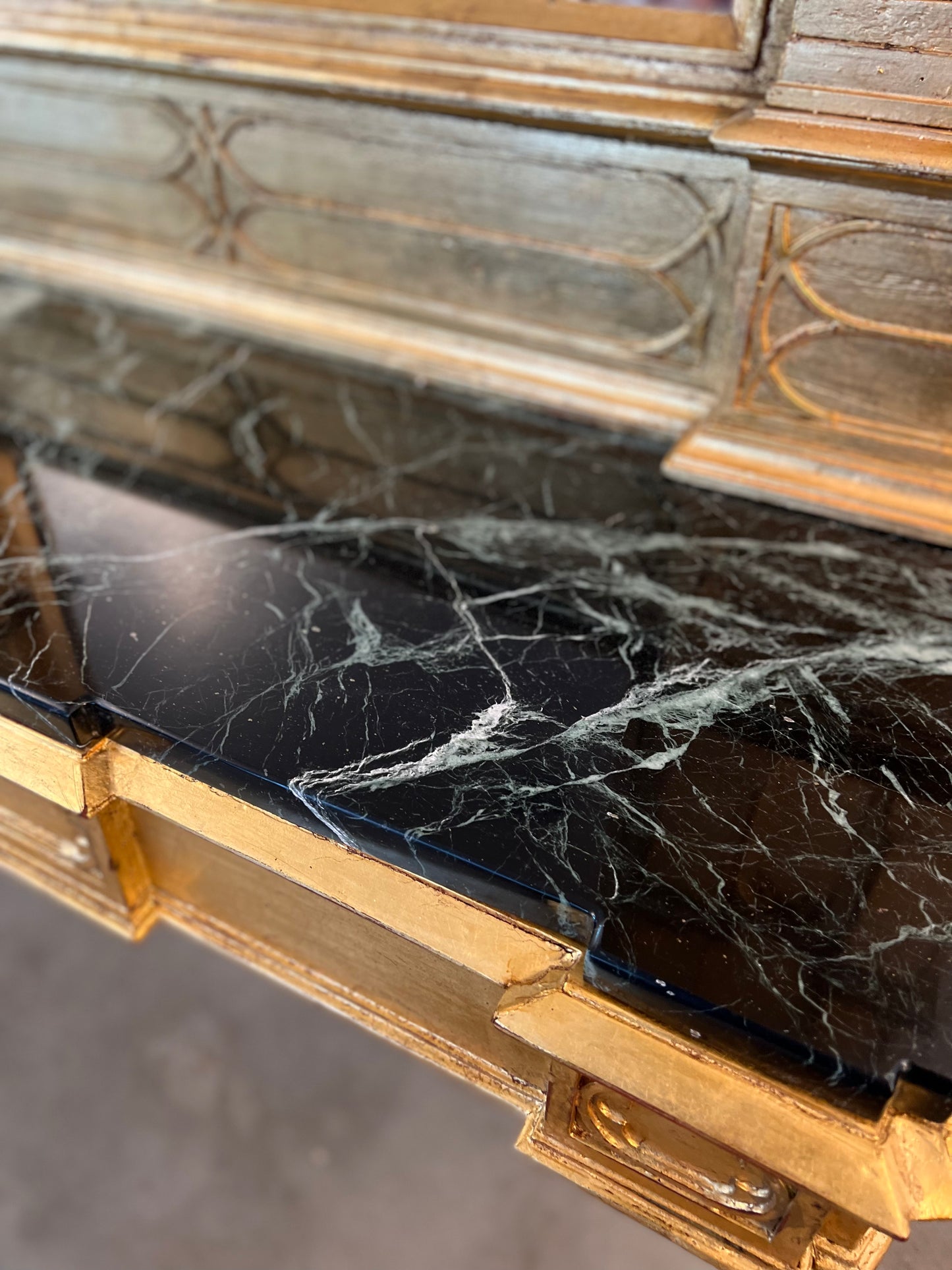 Italian Gothic Style Console with Black Marble and Gold Leaf Work, 1920s