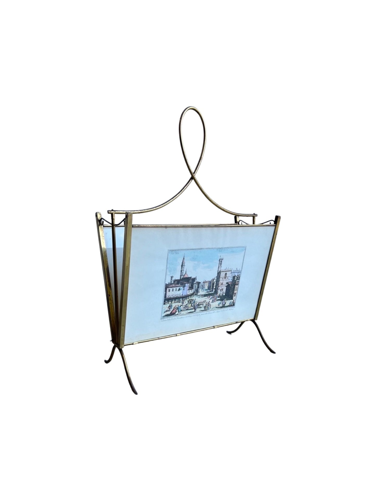 Italian Magazine Holder in Brass and Glass with Florence imagines on Both Sides , 1950s - Lumini Collections
