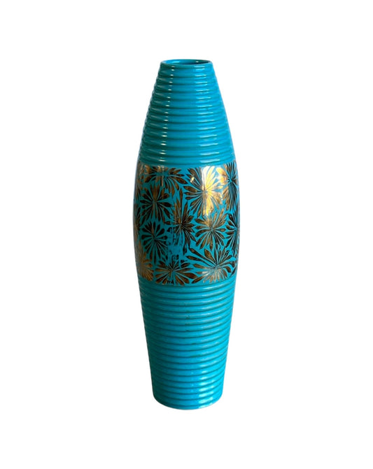 Italian Turquoise and Gold Floral Hand - Painted Ceramic Vase, 1960s - Lumini Collections