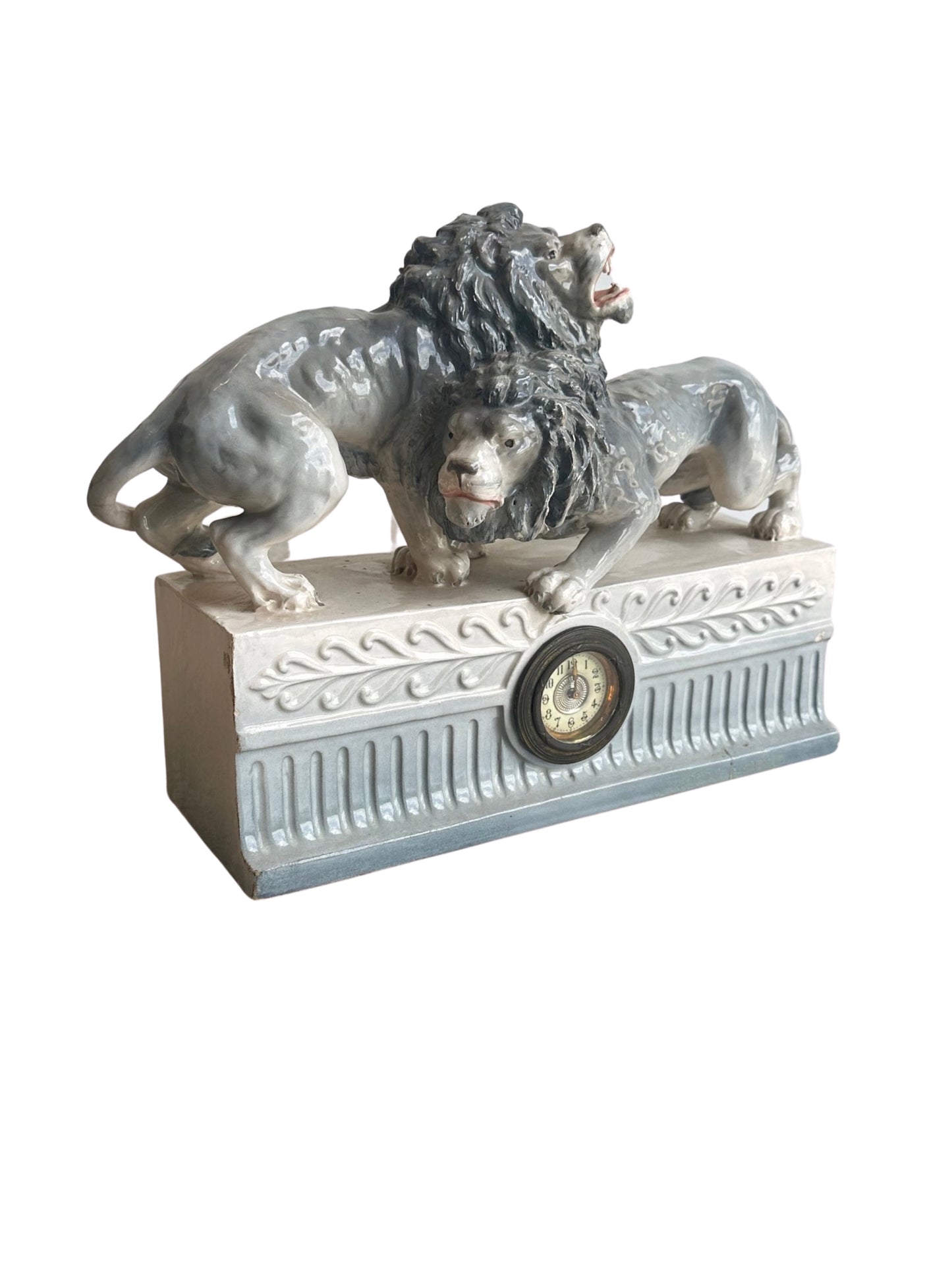Capodimonte Italian Glazed Porcelain Lions Table Clock Sculpture, 1940s