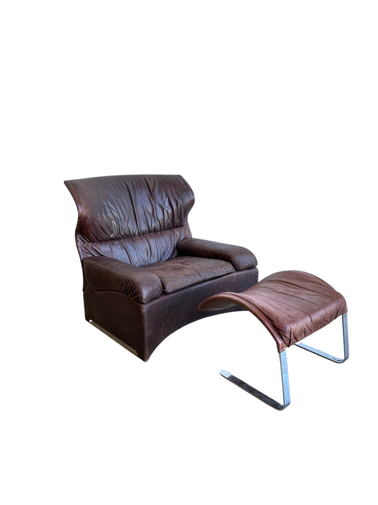 "La Vela"by Giovanni Offredi  for Saporiti Italia Brown Leather with Ottoman Lounge Chair, 1960