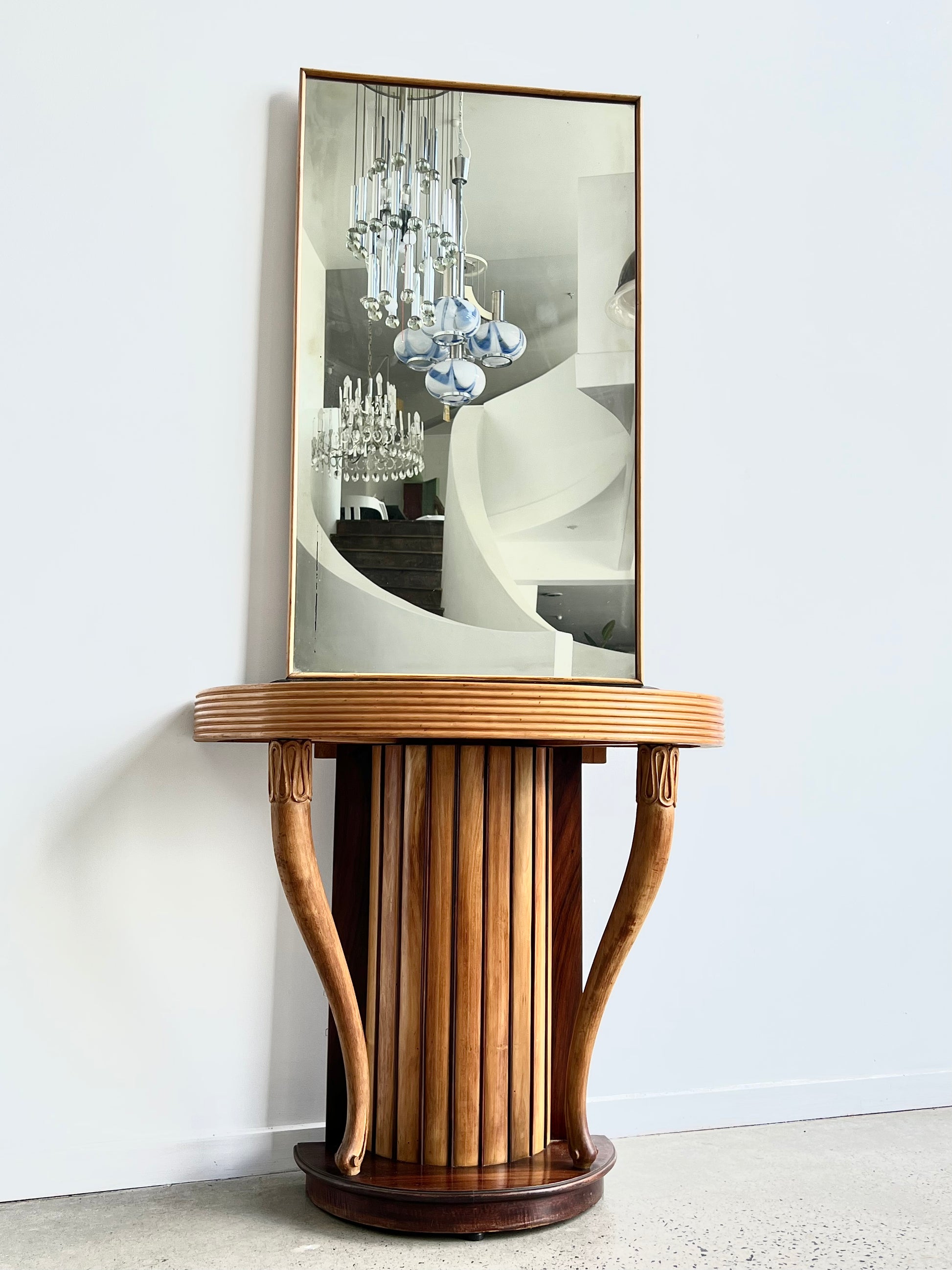 Osvaldo Borsani console with mirror in hand - carved rosewood, 1950s - Lumini Collections
