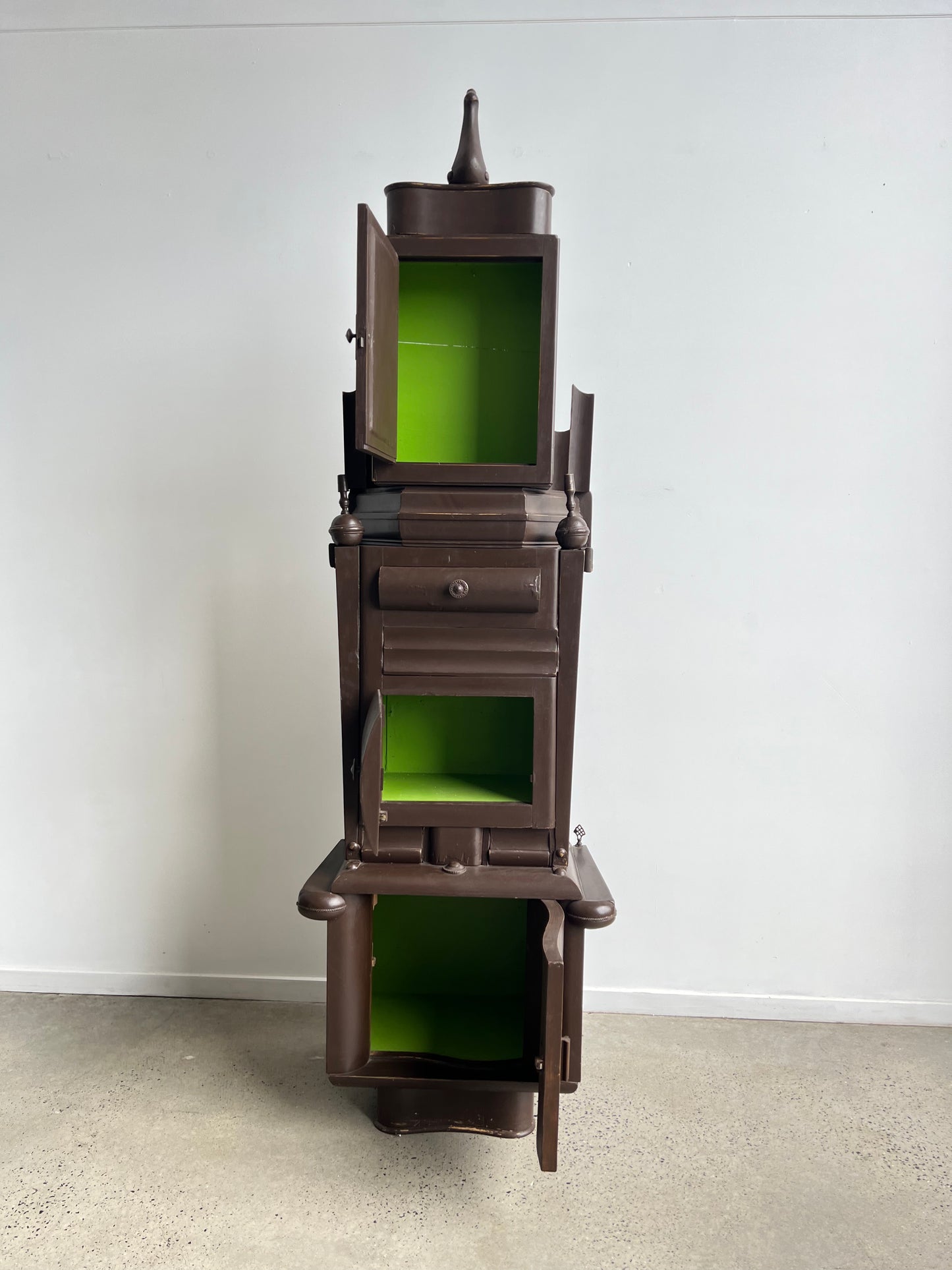 multifunctional brown and green cabinet