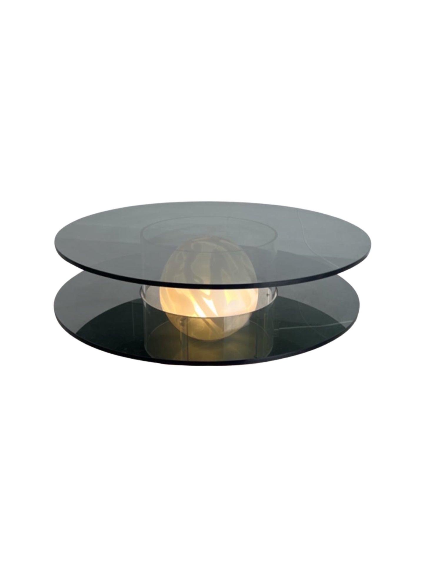 Space Age Round Coffee Table with Smoked Glass, Plexiglass base & inside Murano Glass Ball, 1970s