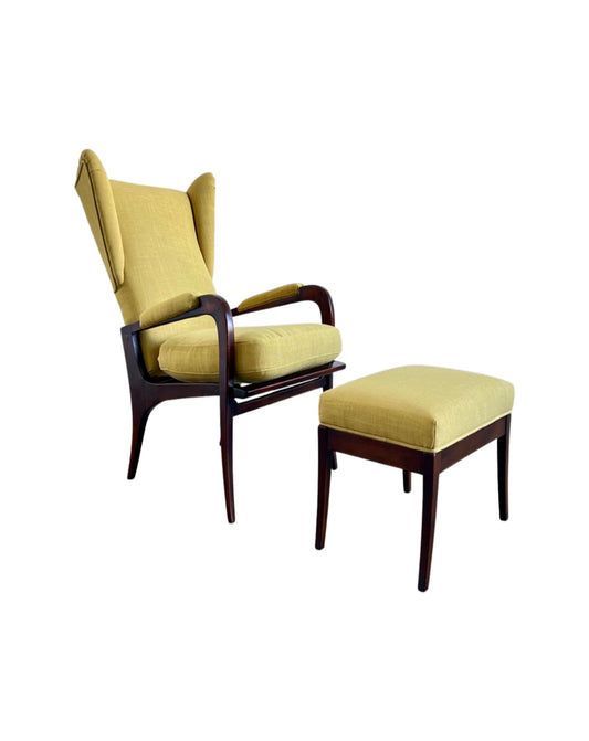 Italian mid-century modern reclinable lounge chair and ottoman by Renzo Franchi for Brianzola, cherry wood and upholstered cushions, 1950s