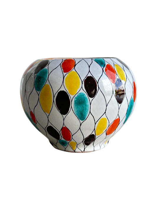 Rometti Italian Circular Glazed Multicoloured Hand Painted Ceramic Vase, 1970s