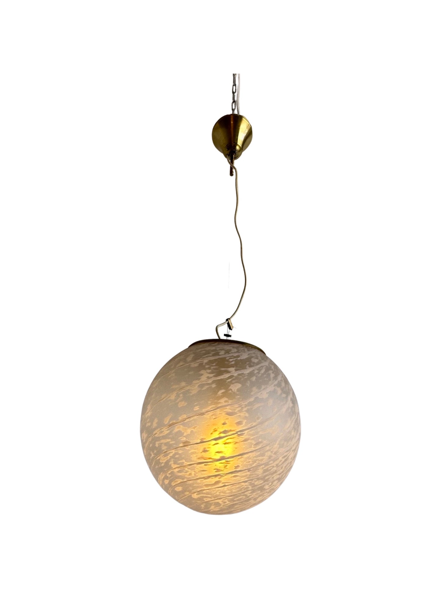 Paolo Venini Spherical Murano Glass with White Stripes & Brass Pendant Light, 1960s