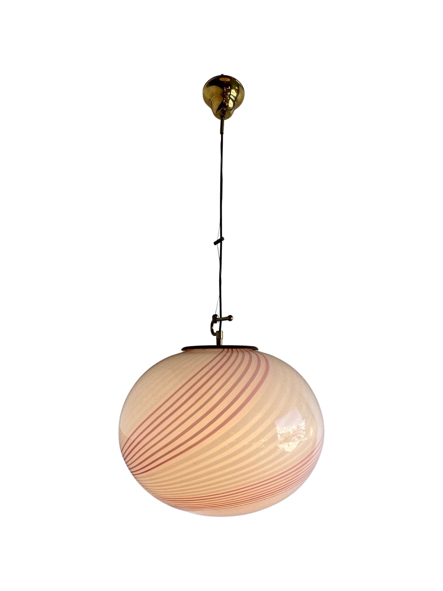 Paolo Venini Murano Glass and Brass With Light Pink Stripes Pendant Light, 1960s