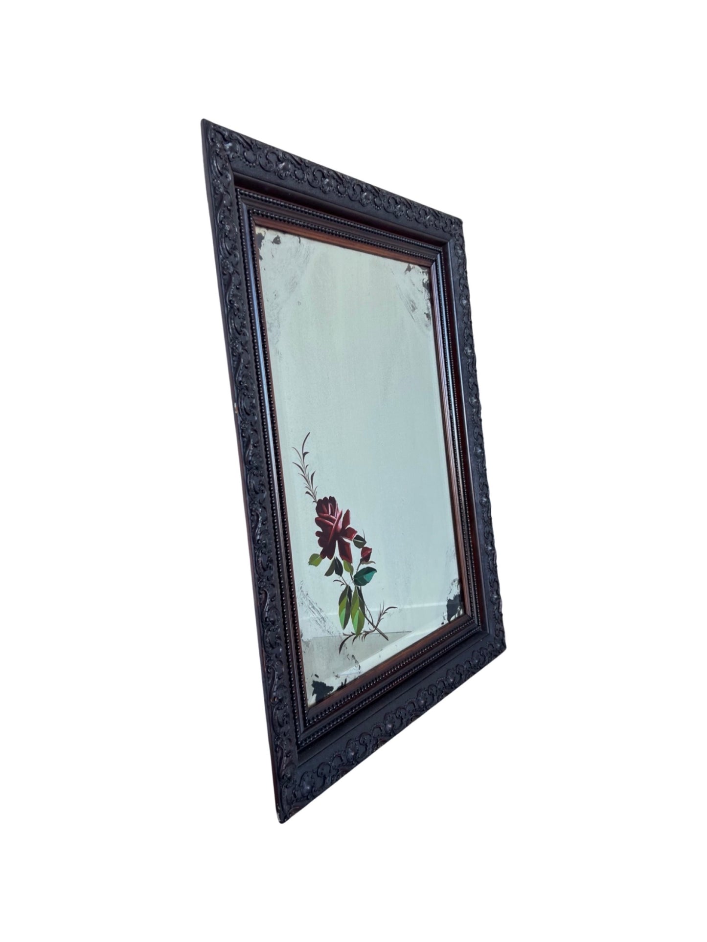 Italian Rectangular Walnut Wall Mirror with Curved Frame and Flowers art work, 1950s