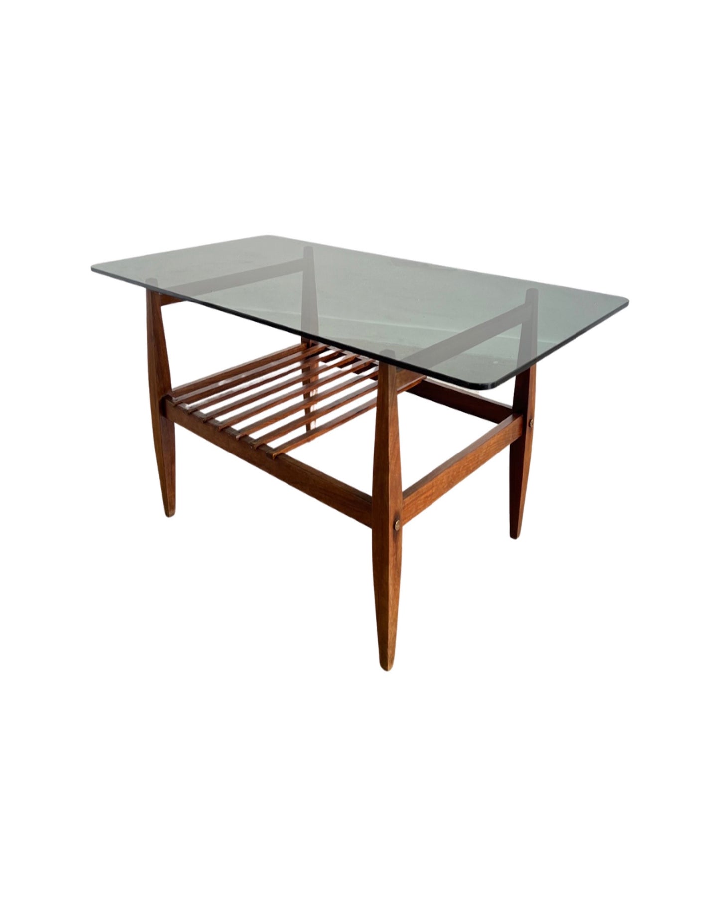 Mid Century Modern Italian Smoked Glass and Teak Base Coffee Table, 1960s