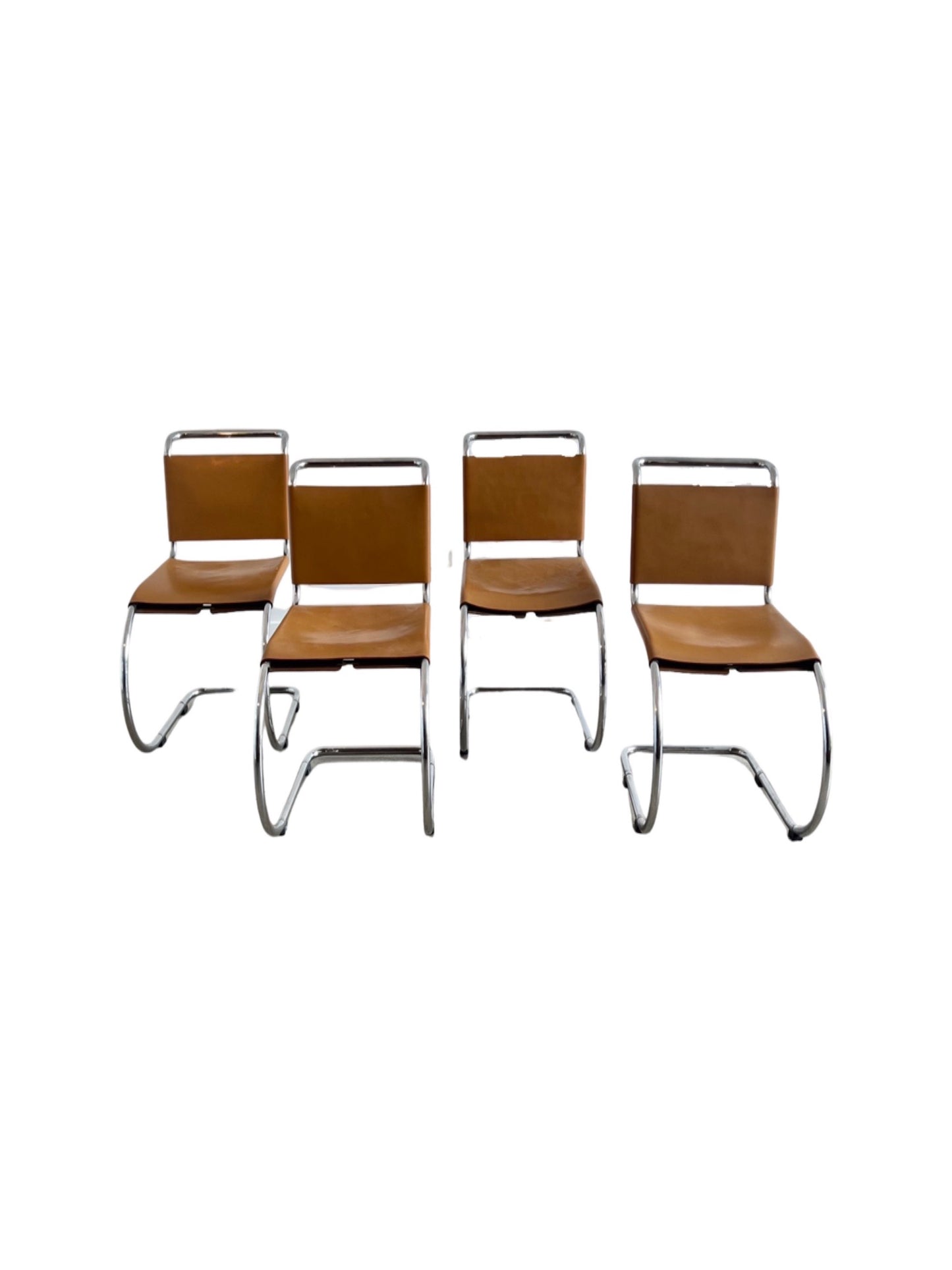 "MR10" by Ludwig Mies Van Der Rohe for Knoll International, Brown Leather and Chromed Dining Chairs, 1960